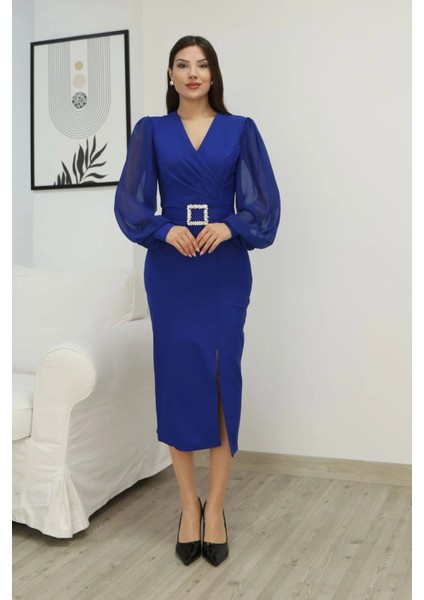 Kruvaze Yaka Balon Kollu Yırtmaçlı Abiye Elbise 2315-SAKS modelleri