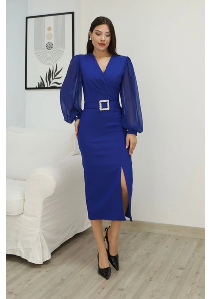 Kruvaze Yaka Balon Kollu Yırtmaçlı Abiye Elbise 2315-SAKS fırsatları