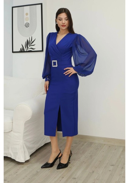 Kruvaze Yaka Balon Kollu Yırtmaçlı Abiye Elbise 2315-SAKS indirimleri