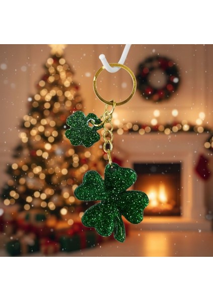 9090 El Yapımı Simli Çift Yonca Model Epoksi Anahtarlık / 4.5 cm