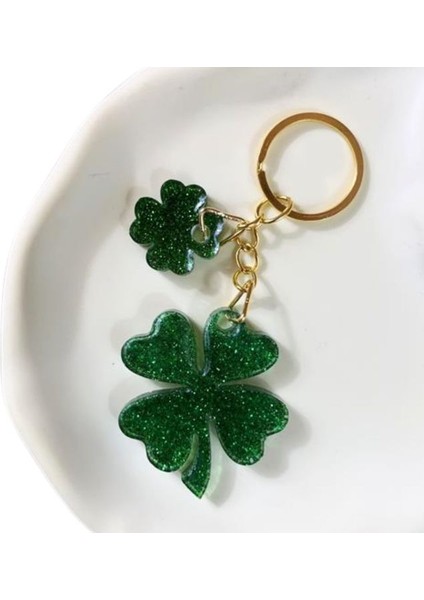 9090 El Yapımı Simli Çift Yonca Model Epoksi Anahtarlık / 4.5 cm fırsatları