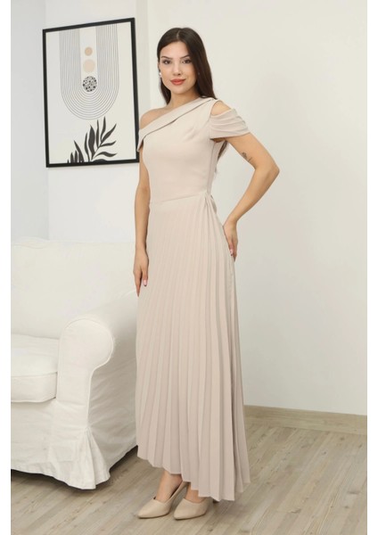 Tek Omuzlu Pilise Detaylı Asimetrik Elbise 2381-BEJ fiyatları