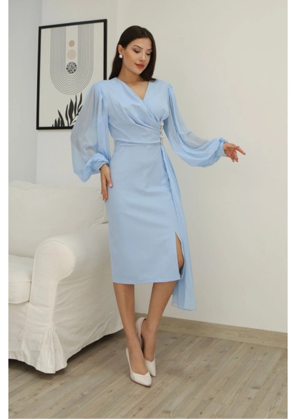 Kruvaze Yaka Bel Şifon Detaylı Balon Kol Abiye Elbise 2263-BEBE Mavisi
