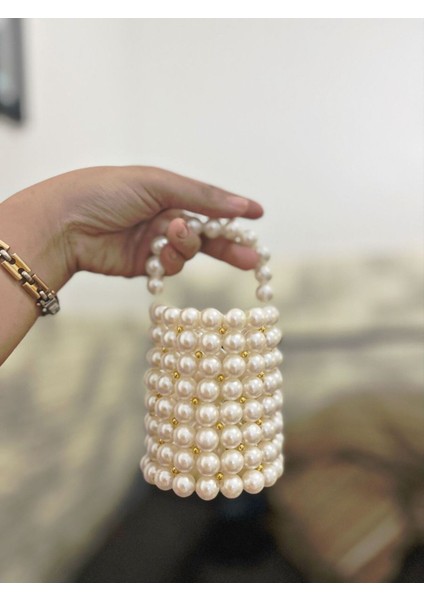 Mini Süs Inci Çanta Gold Boncuklu Silindir Model
