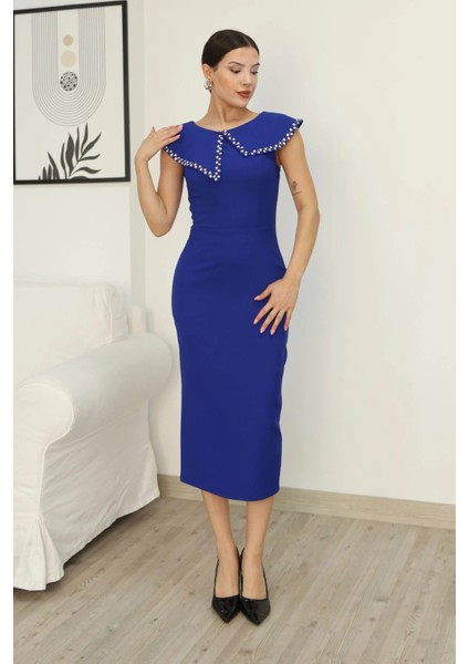 Aller Yaka Taş Işleme Detaylı Midi Elbise 2339-SAKS