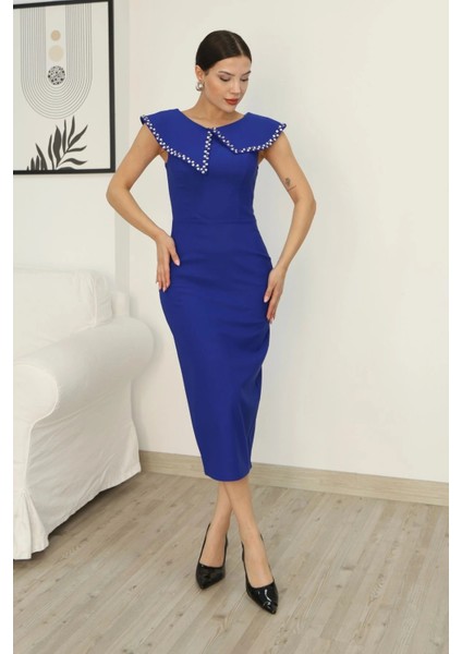 Aller Yaka Taş Işleme Detaylı Midi Elbise 2339-SAKS fiyatları