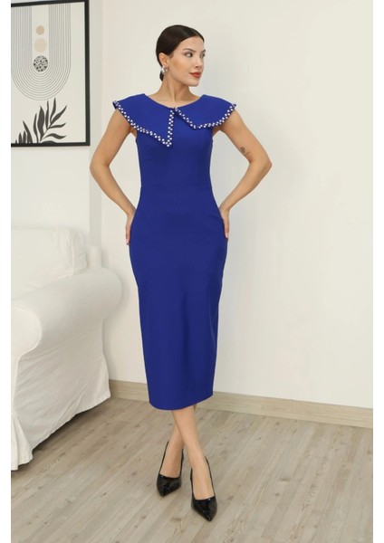 Aller Yaka Taş Işleme Detaylı Midi Elbise 2339-SAKS modelleri