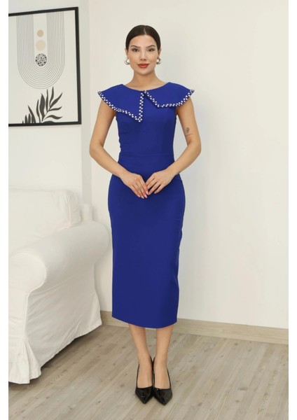 Aller Yaka Taş Işleme Detaylı Midi Elbise 2339-SAKS fırsatları