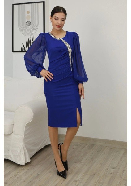 Taş Işlemeli Balon Kollu Pileli Midi Elbise 2334-SAKS