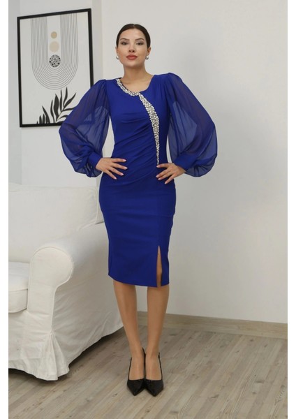 Taş Işlemeli Balon Kollu Pileli Midi Elbise 2334-SAKS fırsatları