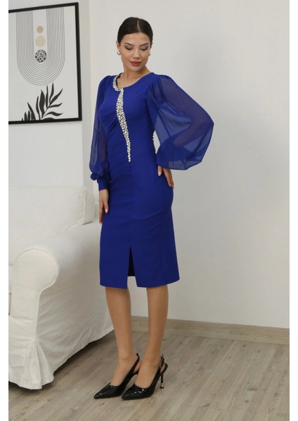 Taş Işlemeli Balon Kollu Pileli Midi Elbise 2334-SAKS indirimleri