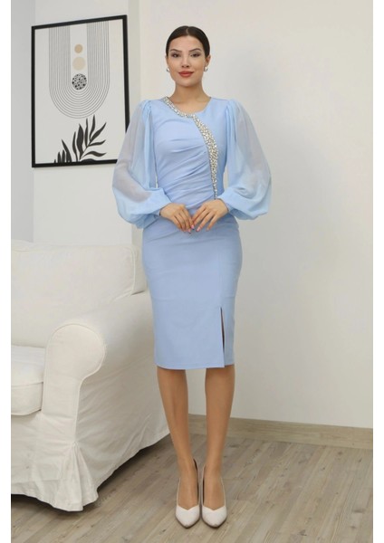 Taş Işlemeli Balon Kollu Pileli Midi Elbise 2334-BEBE Mavisi fiyatları