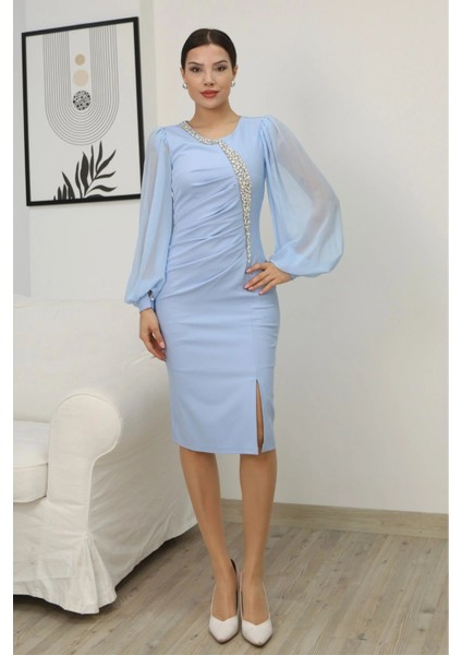 Taş Işlemeli Balon Kollu Pileli Midi Elbise 2334-BEBE Mavisi modelleri
