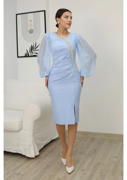 Taş Işlemeli Balon Kollu Pileli Midi Elbise 2334-BEBE Mavisi fırsatları