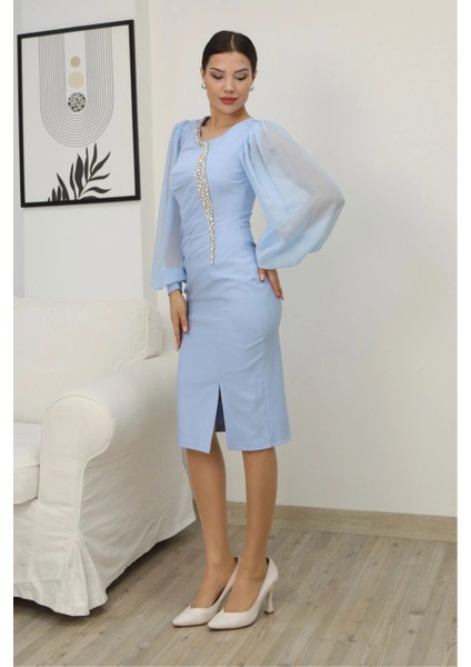 Taş Işlemeli Balon Kollu Pileli Midi Elbise 2334-BEBE Mavisi indirimleri
