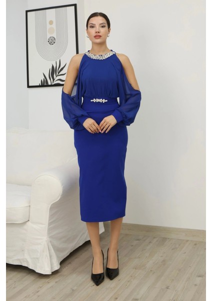 Omzu Açık Balon Kol Taş Detaylı Abiye Elbise 2261-SAKS fiyatları
