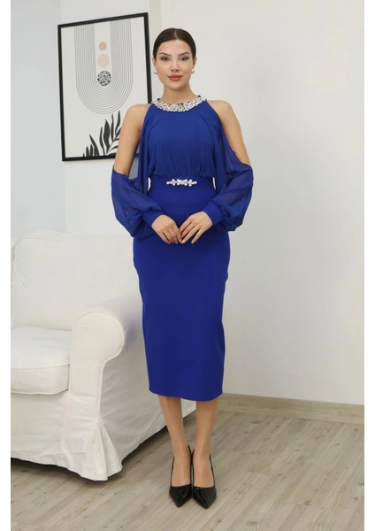 Omzu Açık Balon Kol Taş Detaylı Abiye Elbise 2261-SAKS modelleri