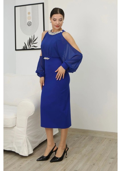 Omzu Açık Balon Kol Taş Detaylı Abiye Elbise 2261-SAKS fırsatları