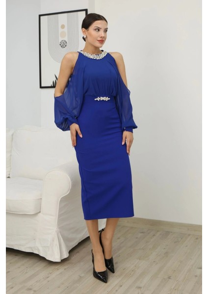 Omzu Açık Balon Kol Taş Detaylı Abiye Elbise 2261-SAKS indirimleri