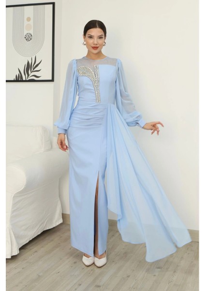 Yakası Tül Bel Detaylı Pile ve Yırtmaçlı Abiye Elbise 2313-BEBE Mavisi modelleri