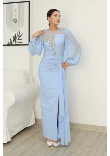 Yakası Tül Bel Detaylı Pile ve Yırtmaçlı Abiye Elbise 2313-BEBE Mavisi fırsatları