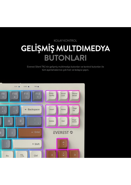 Sılent Tkl Ultra Sessiz Rainbow Q Türkçe Klavye Membrane Oyuncu Klavyesi Beyaz/gri/kahve