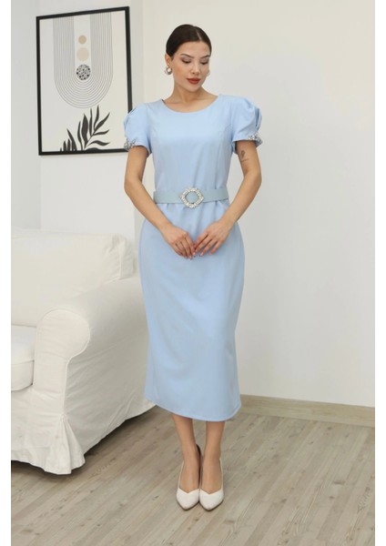 Kolu Işlemeli Kemerli Yırtmaçlı Midi Elbise 2198-BEBE Mavisi fiyatları