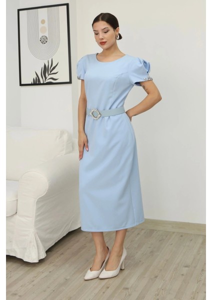 Kolu Işlemeli Kemerli Yırtmaçlı Midi Elbise 2198-BEBE Mavisi modelleri