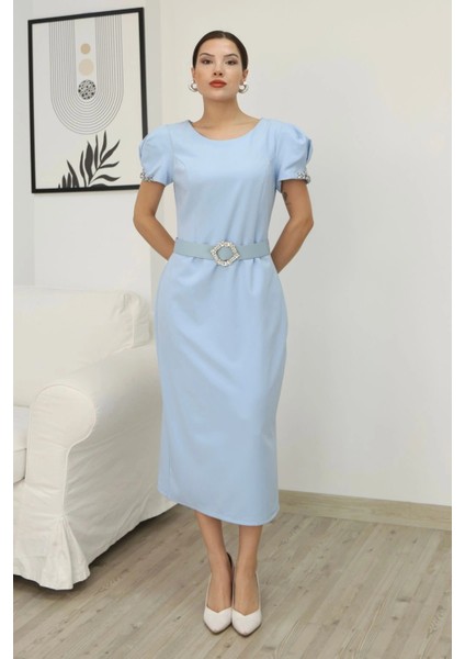 Kolu Işlemeli Kemerli Yırtmaçlı Midi Elbise 2198-BEBE Mavisi fırsatları