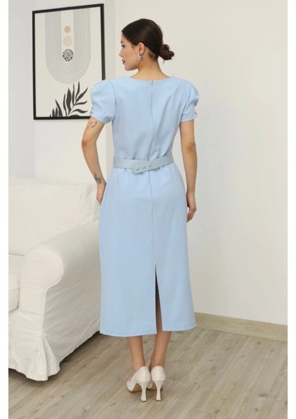 Kolu Işlemeli Kemerli Yırtmaçlı Midi Elbise 2198-BEBE Mavisi indirimleri