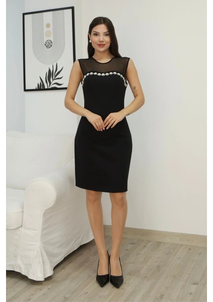 Taş Işleme ve Tül Detaylı Diz Boyu Elbise 2376-SIYAH fiyatları