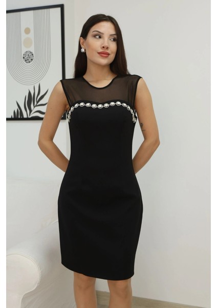 Taş Işleme ve Tül Detaylı Diz Boyu Elbise 2376-SIYAH indirimleri