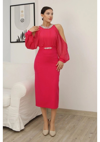 Omzu Açık Balon Kol Taş Detaylı Abiye Elbise 2261-FUŞYA