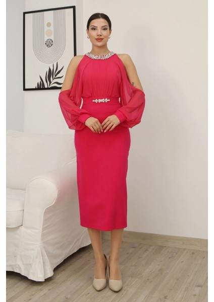 Omzu Açık Balon Kol Taş Detaylı Abiye Elbise 2261-FUŞYA fiyatları