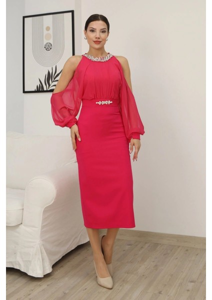 Omzu Açık Balon Kol Taş Detaylı Abiye Elbise 2261-FUŞYA modelleri