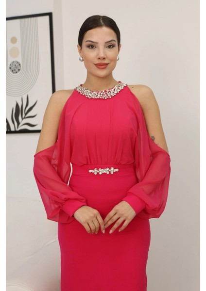 Omzu Açık Balon Kol Taş Detaylı Abiye Elbise 2261-FUŞYA fırsatları