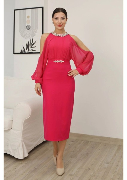 Omzu Açık Balon Kol Taş Detaylı Abiye Elbise 2261-FUŞYA indirimleri