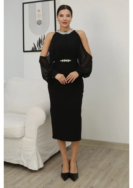 Omzu Açık Balon Kol Taş Detaylı Abiye Elbise 2261-SIYAH