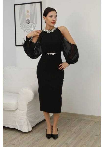 Omzu Açık Balon Kol Taş Detaylı Abiye Elbise 2261-SIYAH fiyatları