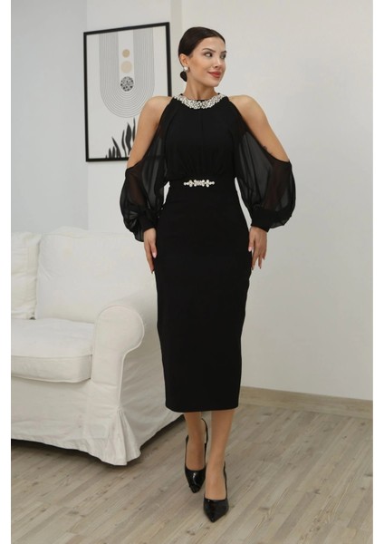 Omzu Açık Balon Kol Taş Detaylı Abiye Elbise 2261-SIYAH modelleri