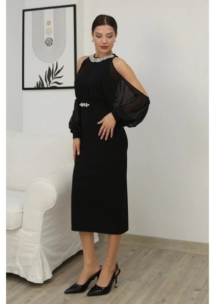 Omzu Açık Balon Kol Taş Detaylı Abiye Elbise 2261-SIYAH fırsatları