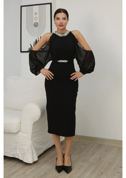 Omzu Açık Balon Kol Taş Detaylı Abiye Elbise 2261-SIYAH indirimleri