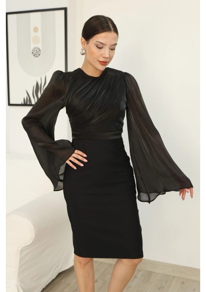 Göğüs Büzgü Detaylı Arkadan Bağlamalı Elbise 2336-SIYAH fırsatları