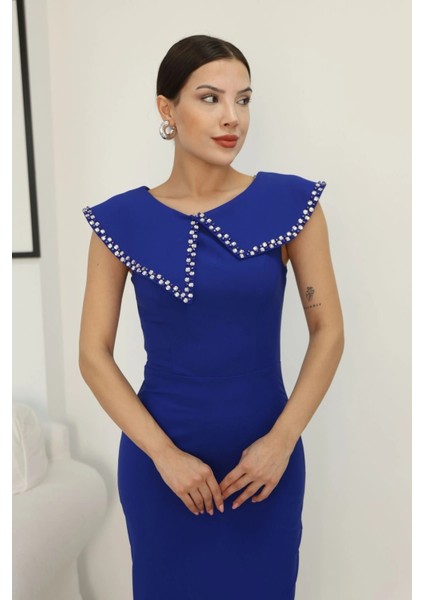 Aller Yaka Taş Işleme Detaylı Midi Elbise 2339-SAKS indirimleri