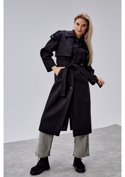 Marvella Siyah Premium Apoletli Rüzgarlık Detaylı Kaşe Kaban