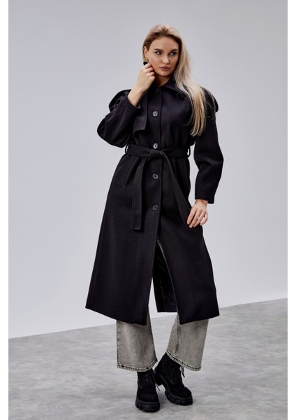 Marvella Siyah Premium Apoletli Rüzgarlık Detaylı Kaşe Kaban fiyatları