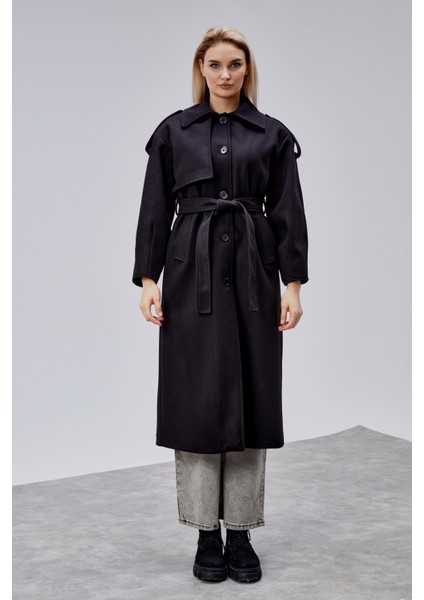 Marvella Siyah Premium Apoletli Rüzgarlık Detaylı Kaşe Kaban modelleri