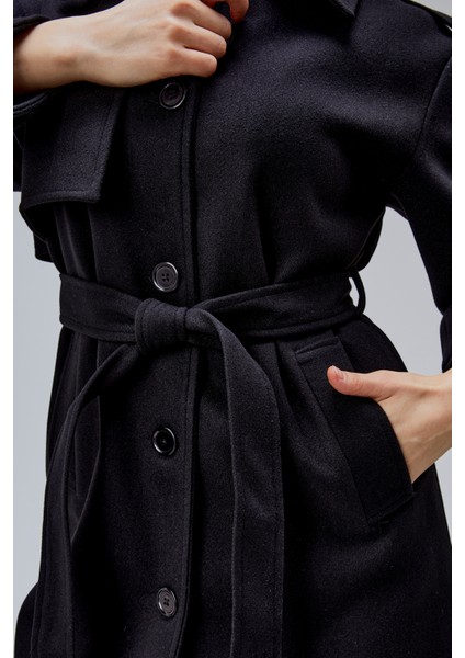 Marvella Siyah Premium Apoletli Rüzgarlık Detaylı Kaşe Kaban indirimleri