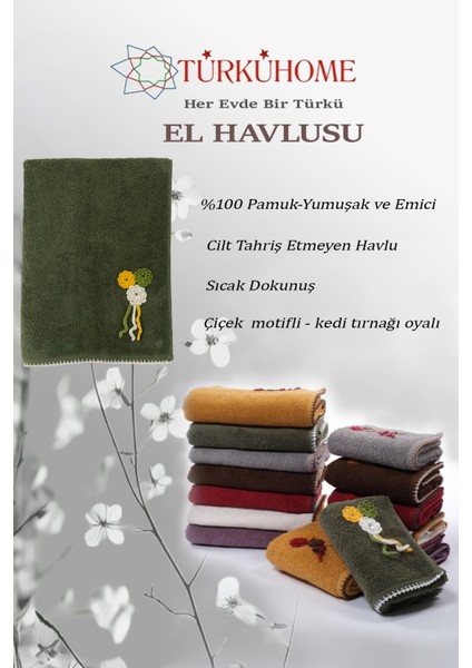 Çiçek Motifli, Kedi Tırnağı Oyalı, Yumuşak Dokulu Pamuklu El Havlusu | Yeşil| 50X90 cm fiyatları