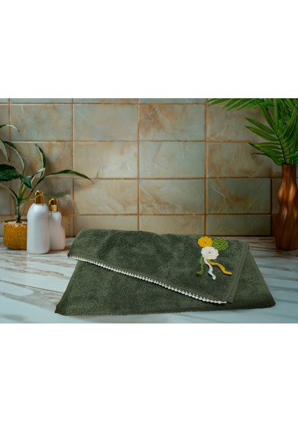 Çiçek Motifli, Kedi Tırnağı Oyalı, Yumuşak Dokulu Pamuklu El Havlusu | Yeşil| 50X90 cm fırsatları